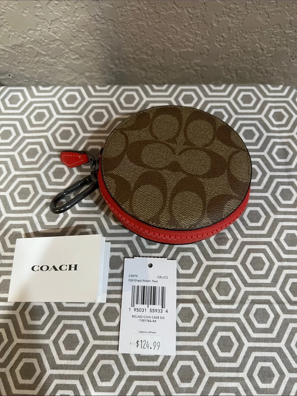 Coach Brown Signature Round Coin Case with Red Trim